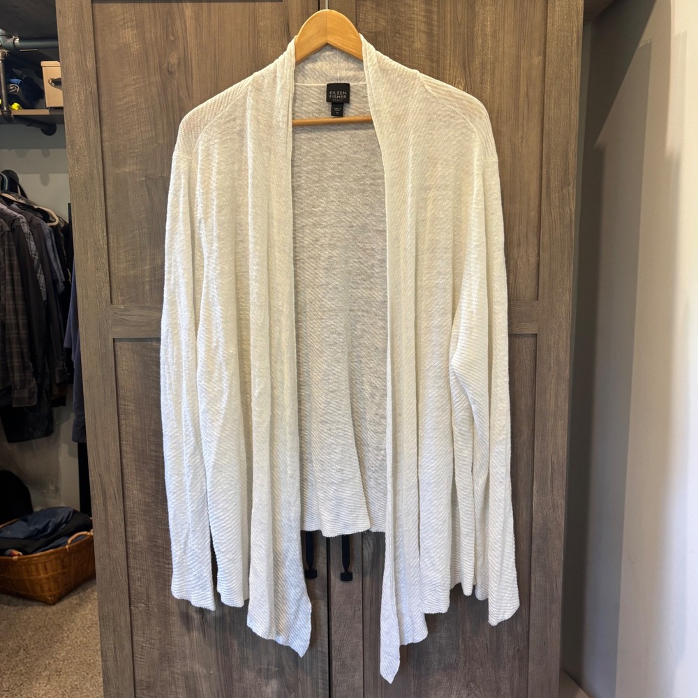 Eileen Fisher 1X Sweater Cardigan White 100% Linen Open Front